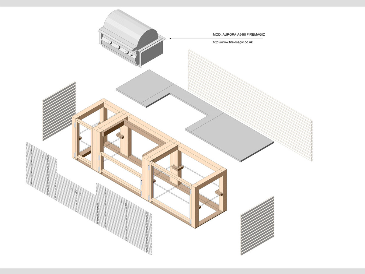 Isometric exploded view of custom outdoor kitchen structure