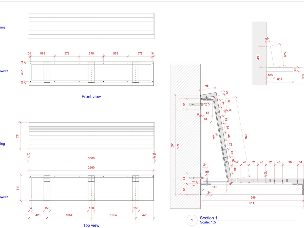 Technical drawings of custom outdoor bench design