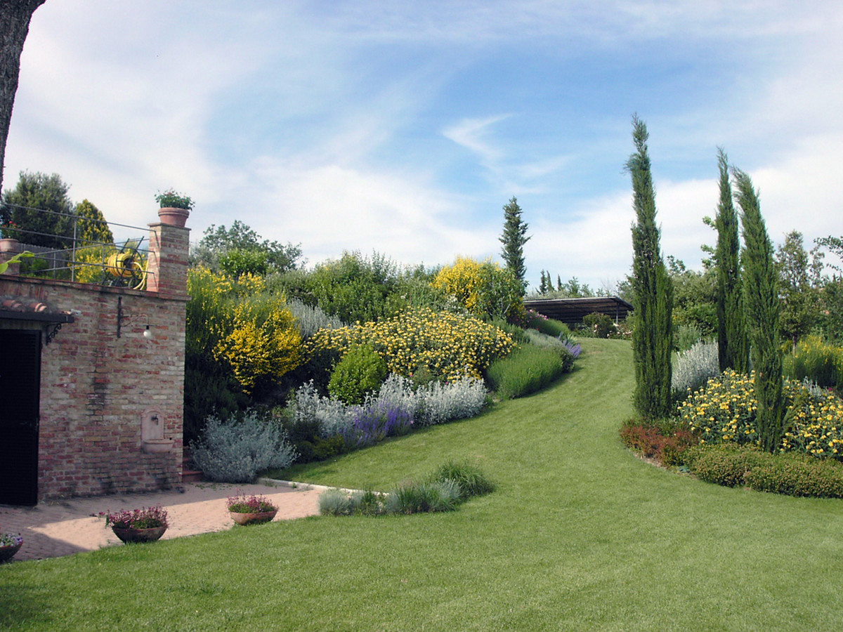 Tuscan garden with cypress trees and flowering borders