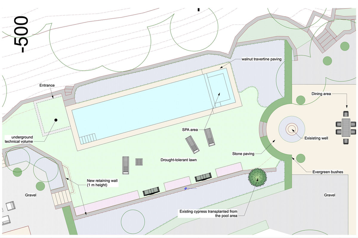 Architectural site plan showing pool, spa area, and garden layout